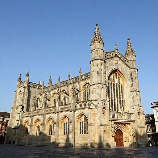 Photograph of a Gothic-style stone cathedral with tall spires, arched windows, and detailed carvings, bathed in sunlight against a clear