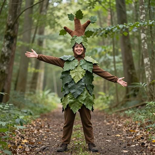 Person in Leaf Tree Costume in Forest