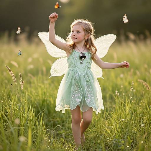 Photograph of a blonde, fair-skinned little girl in a light green fairy dress with translucent wings, holding a butterfly in a sunlit, grass