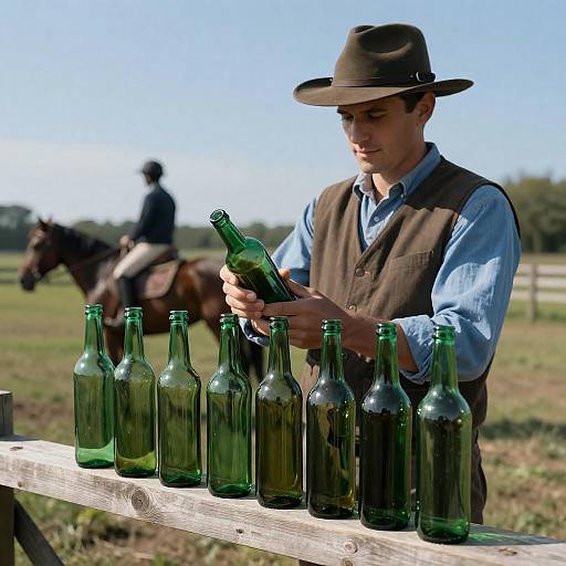 Man Inspecting Green Bottles Near Horse Rider