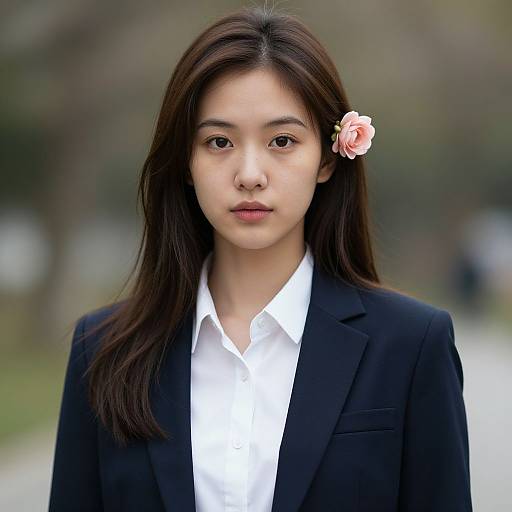 Photograph of an Asian woman with long dark hair, wearing a black blazer over a white shirt, with a pink rose in her hair, standing