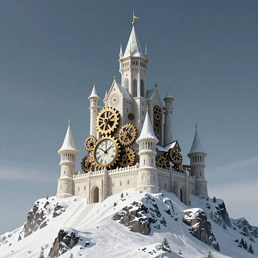 Digital art of a snow-covered, Gothic-style castle with large, clock-faced gargoyles and sharp spires, set against a clear blue sky.