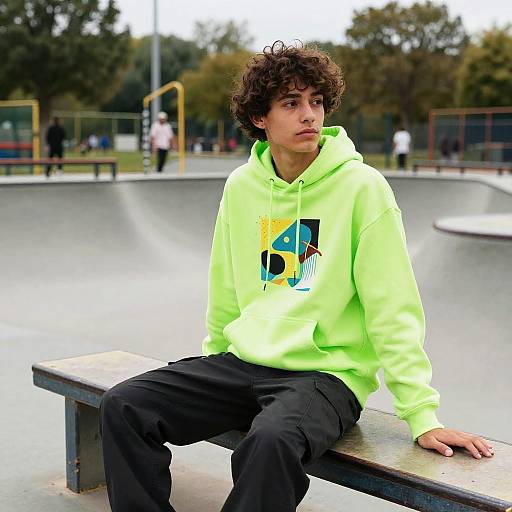 Photograph of a young man with curly hair, wearing a neon green hoodie and black pants, sitting on a bench at an outdoor skatepark. Background