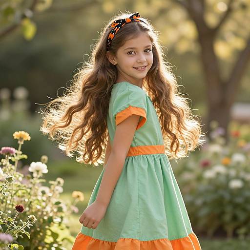 Photograph of a young girl with long, wavy brown hair, wearing a green dress with orange trim and a black floral headband, smiling in