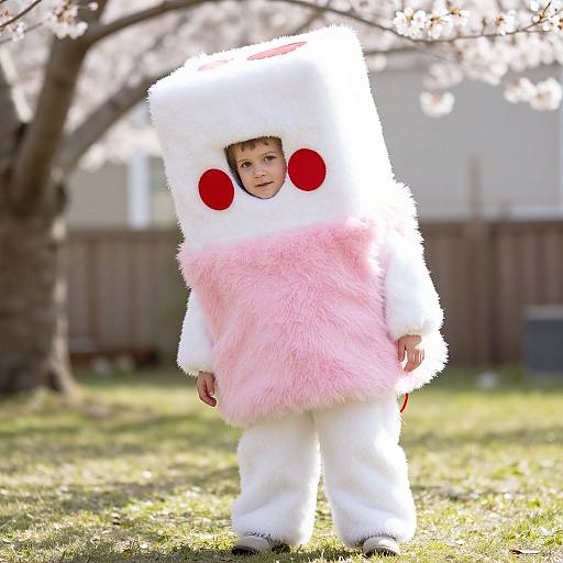 Photograph of a young boy in a fluffy white and pink costume with red circles, standing in a sunlit backyard.