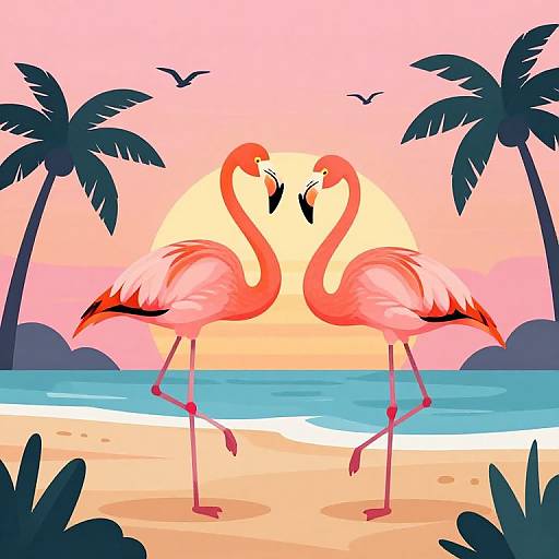 Vibrant Flamingos at Sunset Beach