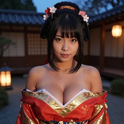 Photograph of an Asian woman with black hair, floral hairpins, and red-gold kimono, showcasing ample cleavage, standing in a traditional