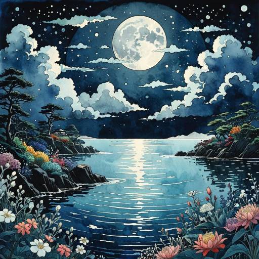 Moonlit Ocean with Flowers and Clouds Moonlit Ocean with Flowers and Clouds