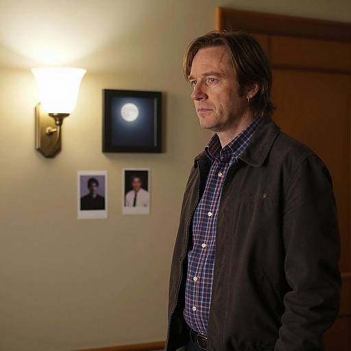 Man in dimly lit room wearing brown jacket