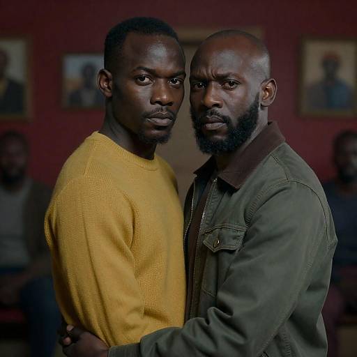 Two Intense Black Men in Dimly Lit Room