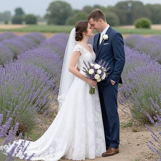 Photograph of a bride in a white lace dress and veil, holding a bouquet, and a groom in a navy suit, kissing in a lavender field