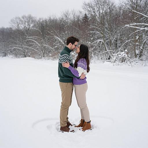 Romantic Winter Embrace in Snowy Landscape