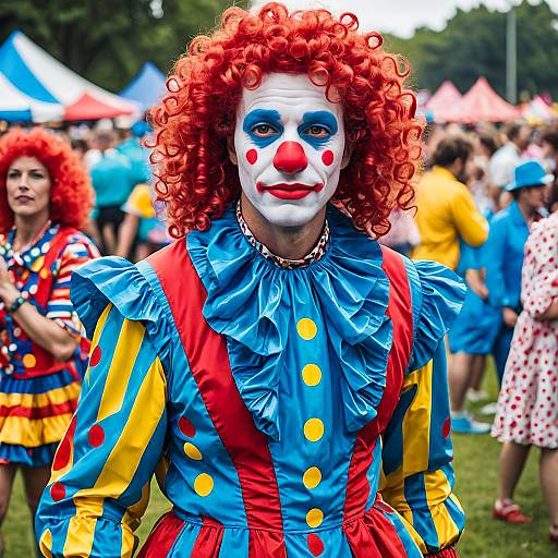 Clown in Colorful Costume at Outdoor Festival