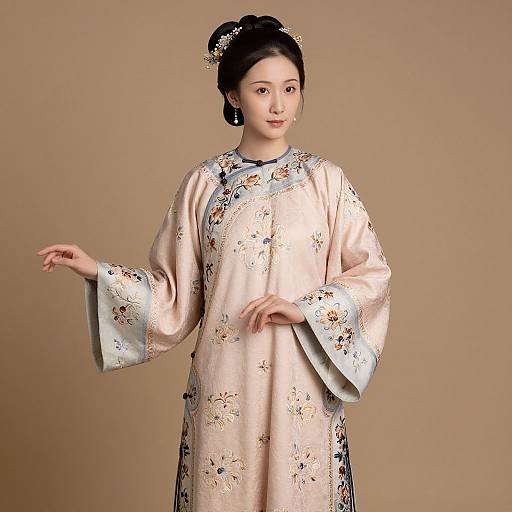 Photograph of an East Asian woman in a beige, floral-embroidered traditional Korean hanbok with wide sleeves, standing against a plain beige