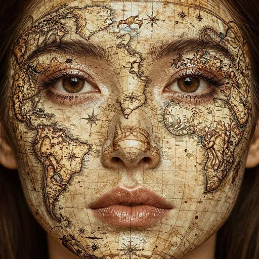 Digital artwork of a woman's face with brown eyes, superimposed with an antique map, featuring intricate black lace patterns and geographical lines over her skin