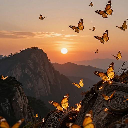 Photograph of a sunset over mountainous landscape with numerous glowing orange butterflies flying around an ornate, carved stone structure.