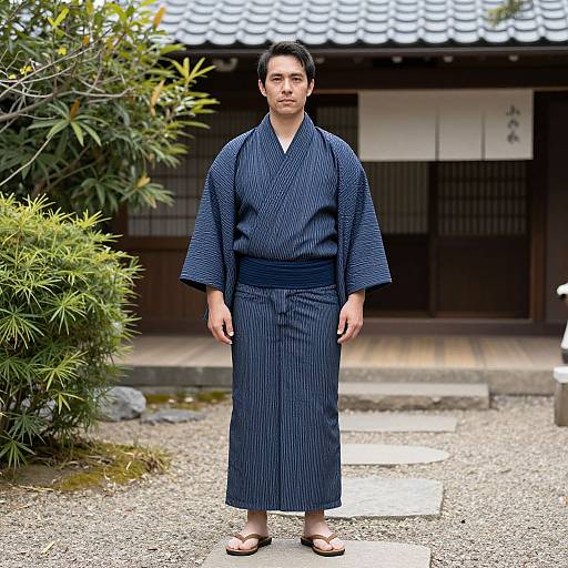 Photograph of an East Asian woman in a navy blue, patterned kimono and hakama, standing in a traditional Japanese garden, with a wooden