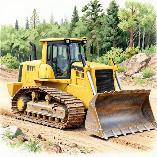 Bright yellow bulldozer with large metal tracks and wide front blade, parked on a dirt path amidst green pine trees and rocks. Digital art style.