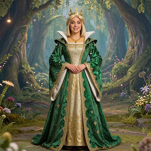 Photorealistic digital artwork of a blonde princess with a golden crown, wearing a green velvet gown with gold trim, standing in a magical forest with enchanted