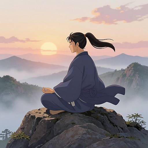 Anime-style drawing of a black-haired man in a blue kimono, meditating on a rocky mountain peak at sunrise. Misty valleys and distant mountains