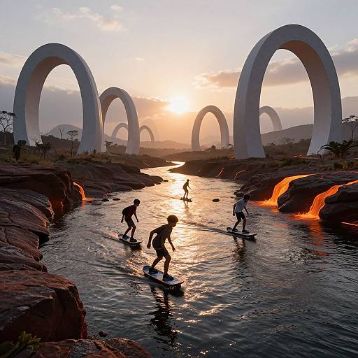 Photograph of four silhouetted surfers paddling on a reflective river at sunset, surrounded by large white arches and glowing lava rocks.