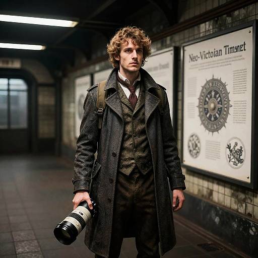 Neo-Victorian Time Traveler in Abandoned Subway