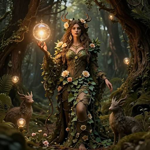 Digital fantasy artwork: Enchantress with antlers, floral dress, holding glowing orb, surrounded by deer, in enchanted forest with glowing lights.