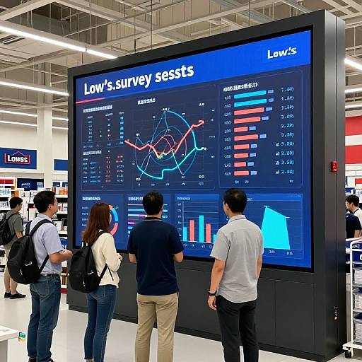 Photograph of a busy stock exchange floor with four people standing in front of a large screen displaying 