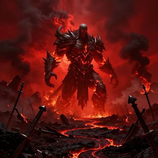 Digital fantasy artwork of a fierce, armored, red-eyed demon with glowing red background, standing over a battlefield with broken swords and molten lava.