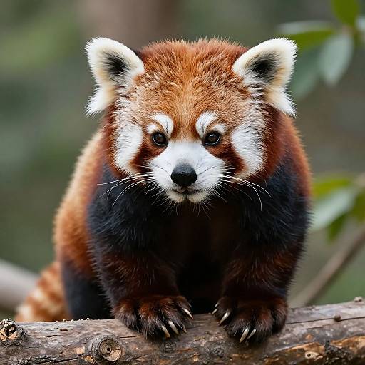 Photograph of a cute red panda with fluffy orange-brown fur, white facial markings, and black paws, standing on a tree branch in a