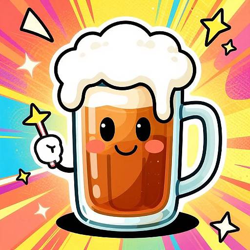 Colorful digital illustration of a happy, cartoon beer mug with a smiling face, foamy top, and blush cheeks, surrounded by stars and vibrant rays