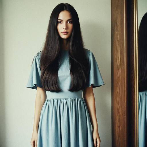 Woman in Classic Blue Dress with Long Dark Hair