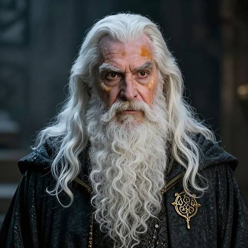 Photograph of an elderly man with long, wavy white hair, a full white beard, and serious expression, wearing a black robe with an orn