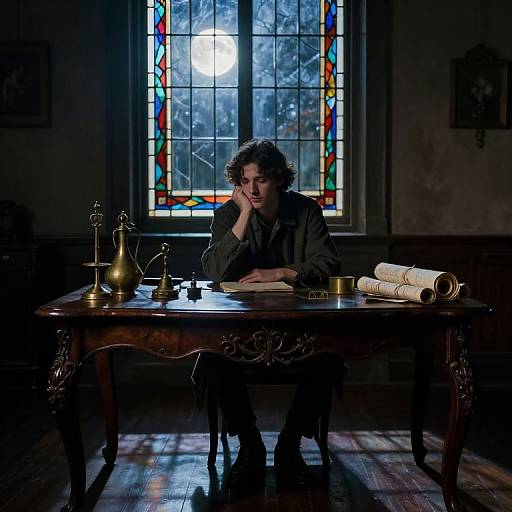 Photograph of a curly-haired man in dark clothes, sitting at a wooden desk in a dimly lit room, with a stained glass window behind him