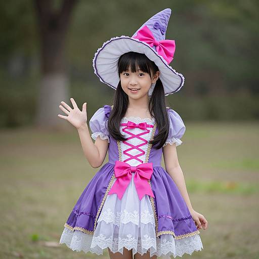 Photograph of an Asian woman with long black hair, wearing a purple witch costume with white lace, pink bows, and a wide-brimmed hat