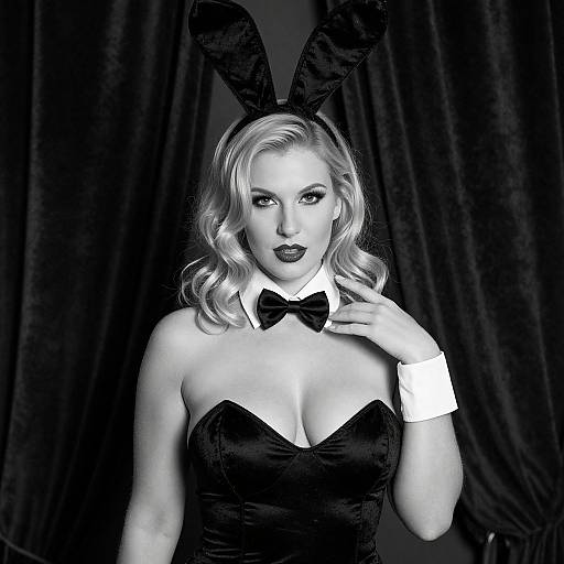 Black-and-white photograph of a blonde woman with wavy hair, wearing a strapless black bunny suit, bow tie, cuffs, and bunny ears,