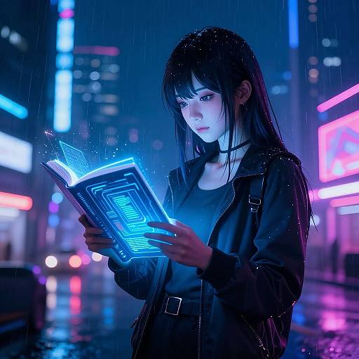 Cyberpunk Anime Girl Reading Neon