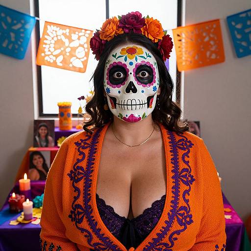 Photograph of a woman with large breasts, black lace bra, orange embroidered sweater, Day of the Dead face paint, flower crown, candles, and