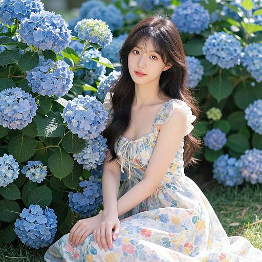 Serene Woman Among Hydrangeas