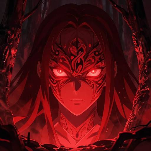 Digital anime-style portrait of a fierce, red-lit female character with glowing eyes, intricate tribal markings, and long black hair, framed by dark,