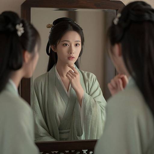 Photograph of an East Asian woman with long black hair, wearing a light green kimono, standing before a wooden mirror, gently touching her chin,