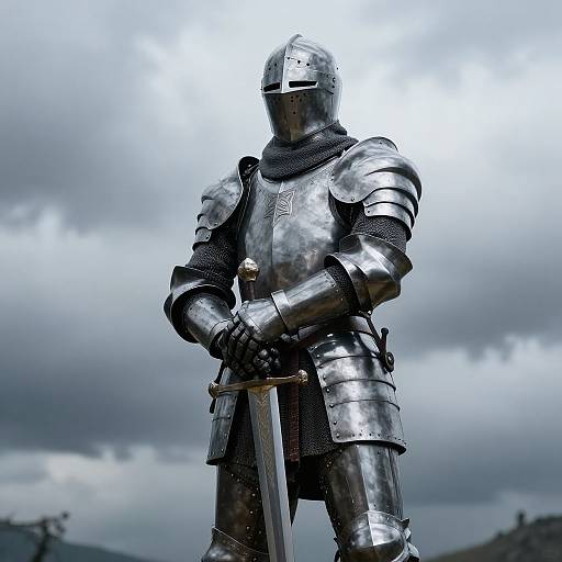 Photograph of a tall, reflective, medieval knight statue in full steel armor, standing with hands on a sword, under a cloudy sky.