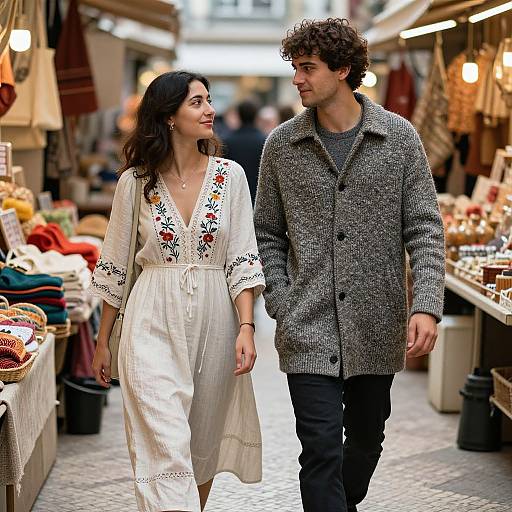 Photograph of a curly-haired man in a gray wool coat and a dark-haired woman in a white embroidered dress walking through a colorful, bustling market stall