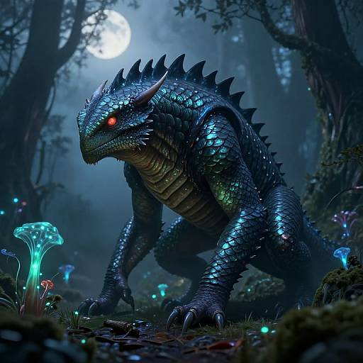 Digital artwork of a glowing blue-scaled, red-eyed, horned dragon in a dark, mystical forest with bioluminescent mushrooms and a full