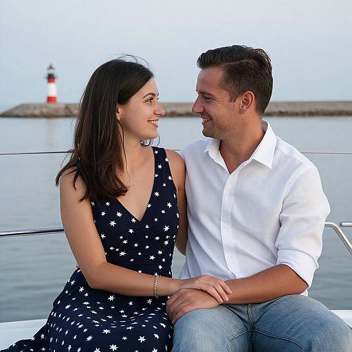 Photograph of smiling couple on boat; woman in black star-patterned dress, man in white shirt and jeans, lighthouse in background.
