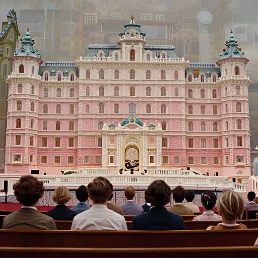 Photograph of a pink and white, baroque-style building with ornate architecture, viewed from behind seated spectators in a theater.