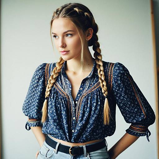 Young Woman with Double Dutch Braids and Bohemian Blouse