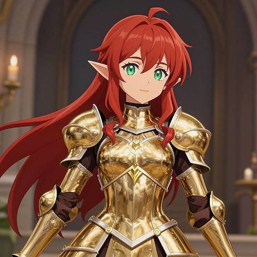 Anime-style digital illustration of a red-haired, green-eyed elf woman with pointed ears, wearing shiny gold armor, standing in a dimly lit, ar