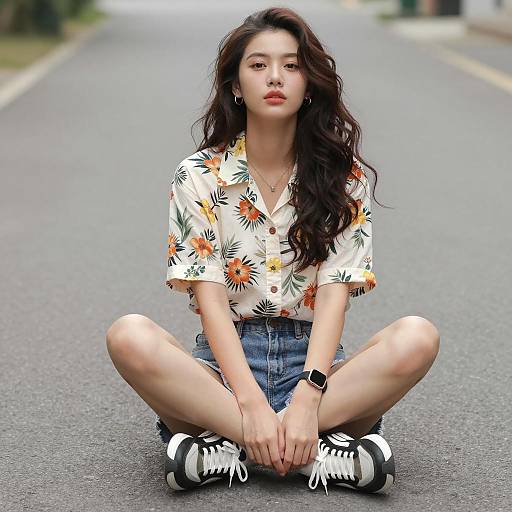 Young Woman Sitting on Paved Path