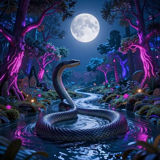 Digital artwork of a glowing moonlit forest with a neon-pink tree-lined creek, a large serpent coiled in the water, surrounded by fireflies